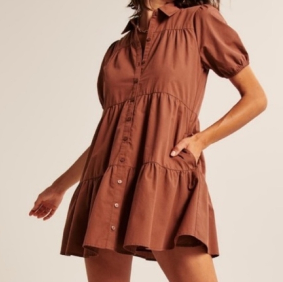 Abercrombie & Fitch Dresses & Skirts - ABERCROMBIE & FITCH brown tiered‎ puff sleeve poplin trapeze mini dress S